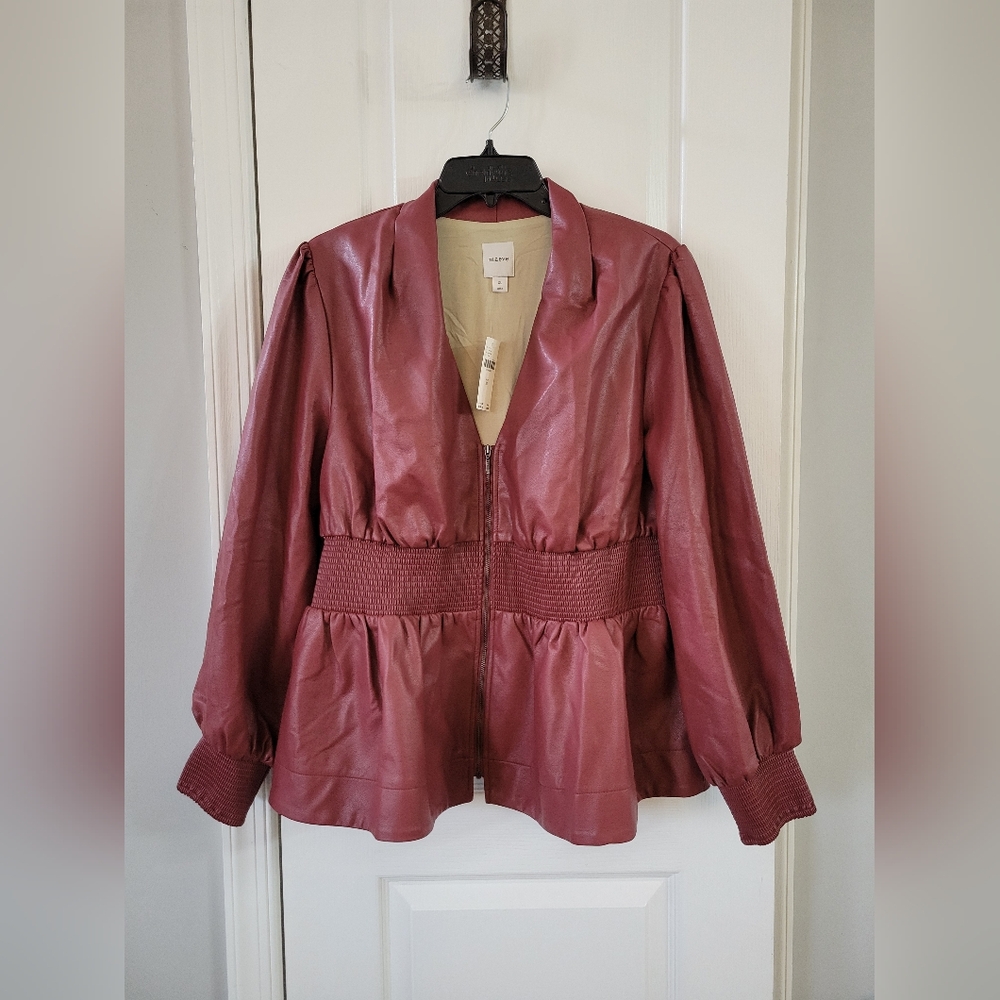 ​NWT Anthropologie Maeve Tommie Faux Leather Smocked Front Zip Blouse Wine XL